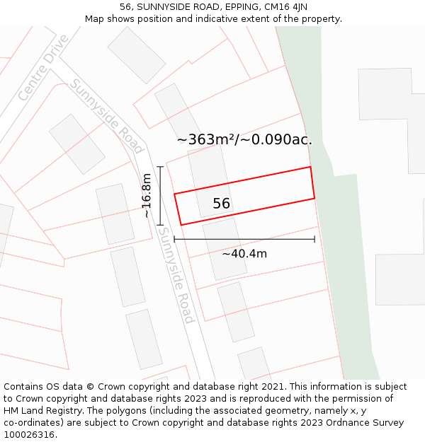 56, SUNNYSIDE ROAD, EPPING, CM16 4JN: Plot and title map