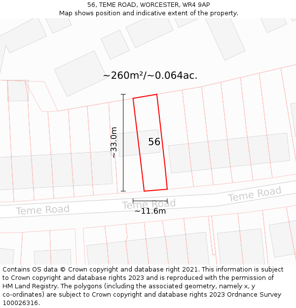 56, TEME ROAD, WORCESTER, WR4 9AP: Plot and title map