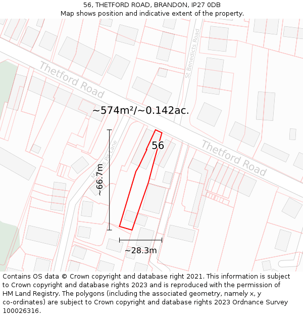 56, THETFORD ROAD, BRANDON, IP27 0DB: Plot and title map