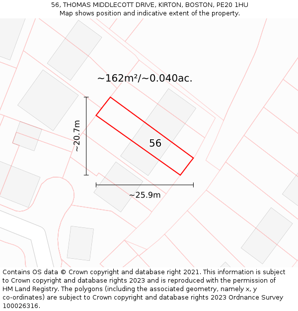 56, THOMAS MIDDLECOTT DRIVE, KIRTON, BOSTON, PE20 1HU: Plot and title map