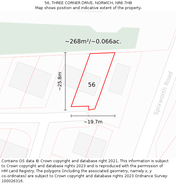 56, THREE CORNER DRIVE, NORWICH, NR6 7HB: Plot and title map