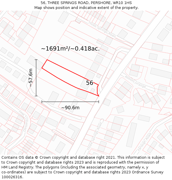56, THREE SPRINGS ROAD, PERSHORE, WR10 1HS: Plot and title map