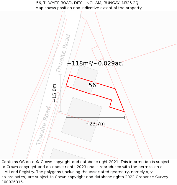 56, THWAITE ROAD, DITCHINGHAM, BUNGAY, NR35 2QH: Plot and title map