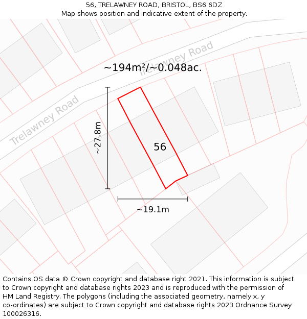 56, TRELAWNEY ROAD, BRISTOL, BS6 6DZ: Plot and title map