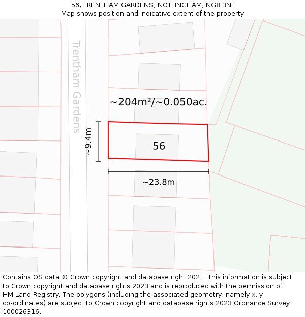 56, TRENTHAM GARDENS, NOTTINGHAM, NG8 3NF: Plot and title map