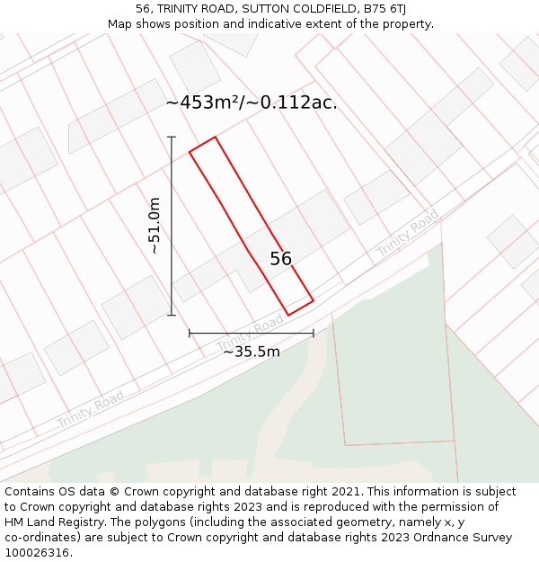 56, TRINITY ROAD, SUTTON COLDFIELD, B75 6TJ: Plot and title map