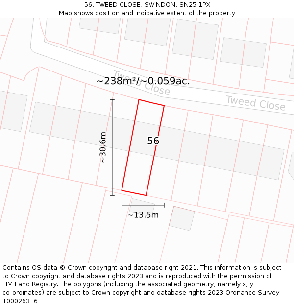 56, TWEED CLOSE, SWINDON, SN25 1PX: Plot and title map