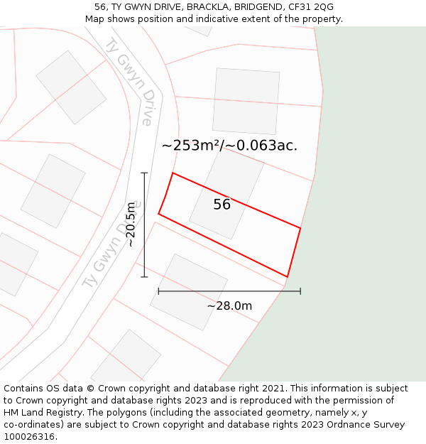 56, TY GWYN DRIVE, BRACKLA, BRIDGEND, CF31 2QG: Plot and title map