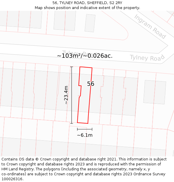 56, TYLNEY ROAD, SHEFFIELD, S2 2RY: Plot and title map