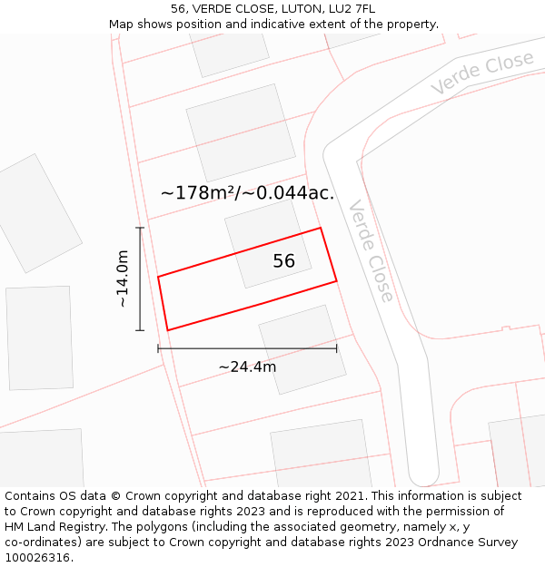 56, VERDE CLOSE, LUTON, LU2 7FL: Plot and title map