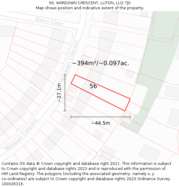 56, WARDOWN CRESCENT, LUTON, LU2 7JS: Plot and title map