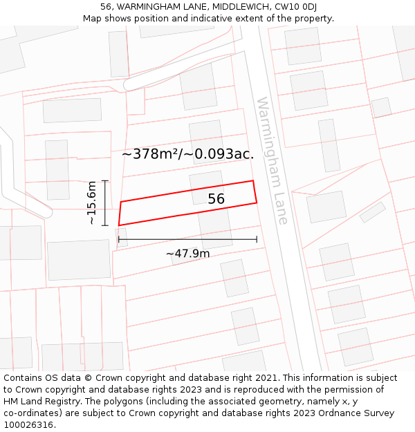 56, WARMINGHAM LANE, MIDDLEWICH, CW10 0DJ: Plot and title map