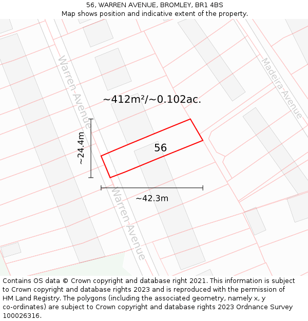 56, WARREN AVENUE, BROMLEY, BR1 4BS: Plot and title map