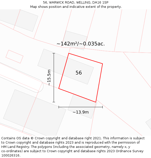56, WARWICK ROAD, WELLING, DA16 1SP: Plot and title map