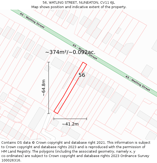 56, WATLING STREET, NUNEATON, CV11 6JL: Plot and title map