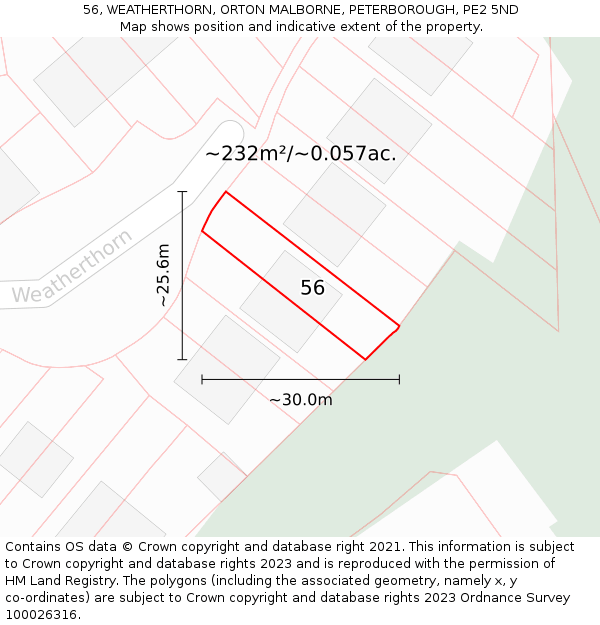56, WEATHERTHORN, ORTON MALBORNE, PETERBOROUGH, PE2 5ND: Plot and title map