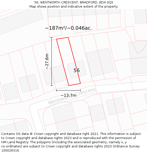 56, WENTWORTH CRESCENT, BRADFORD, BD4 0QX: Plot and title map