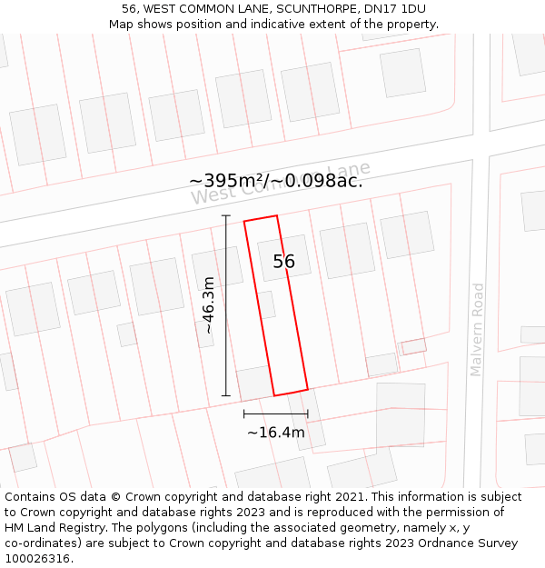 56, WEST COMMON LANE, SCUNTHORPE, DN17 1DU: Plot and title map