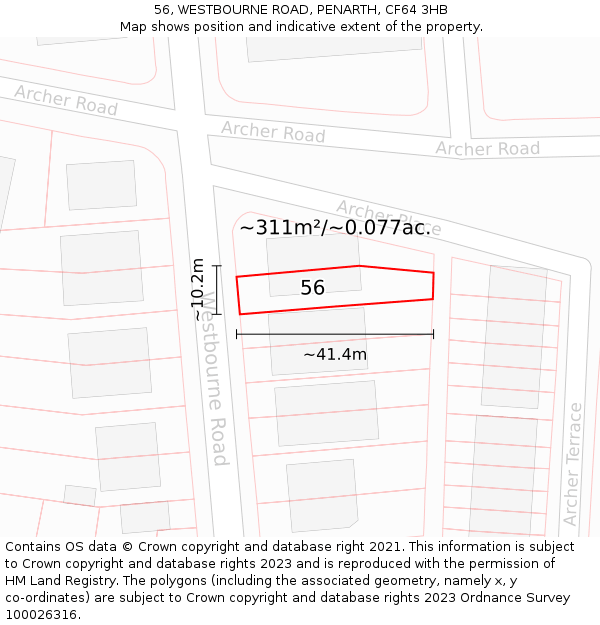 56, WESTBOURNE ROAD, PENARTH, CF64 3HB: Plot and title map