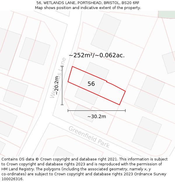 56, WETLANDS LANE, PORTISHEAD, BRISTOL, BS20 6RF: Plot and title map