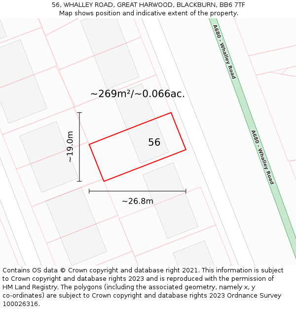 56, WHALLEY ROAD, GREAT HARWOOD, BLACKBURN, BB6 7TF: Plot and title map