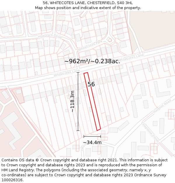 56, WHITECOTES LANE, CHESTERFIELD, S40 3HL: Plot and title map