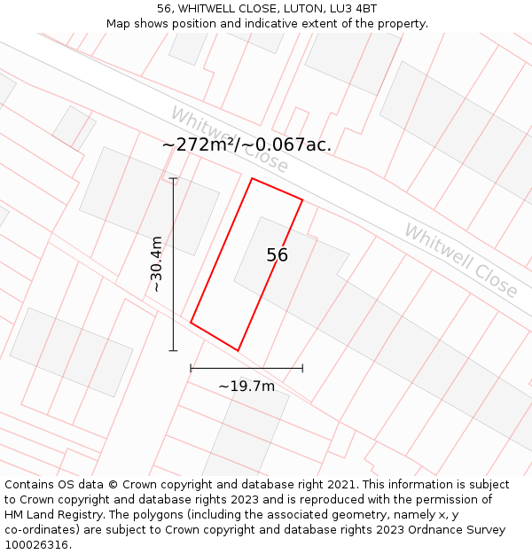56, WHITWELL CLOSE, LUTON, LU3 4BT: Plot and title map