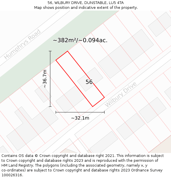 56, WILBURY DRIVE, DUNSTABLE, LU5 4TA: Plot and title map