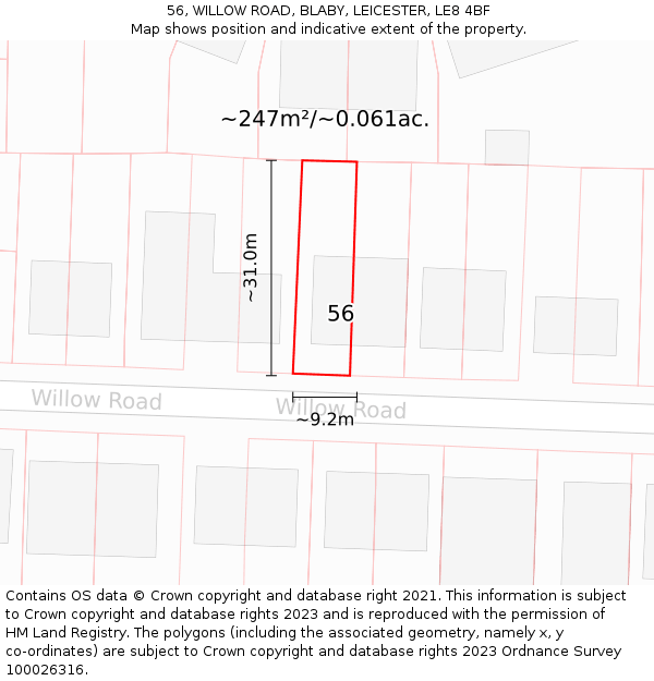 56, WILLOW ROAD, BLABY, LEICESTER, LE8 4BF: Plot and title map