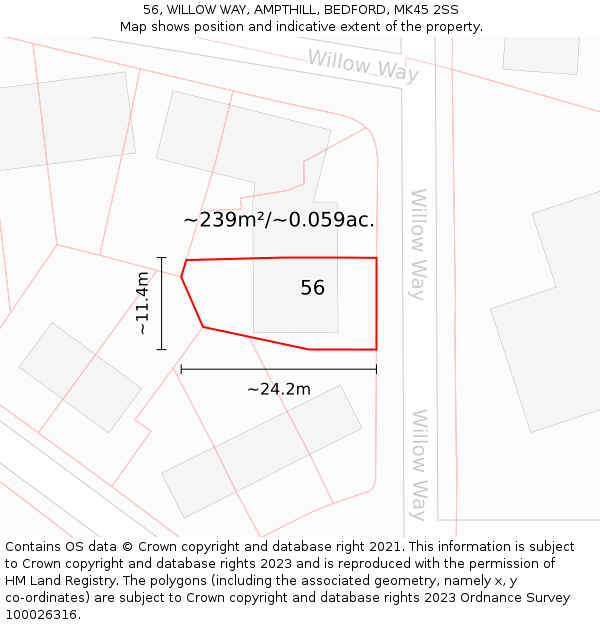 56, WILLOW WAY, AMPTHILL, BEDFORD, MK45 2SS: Plot and title map