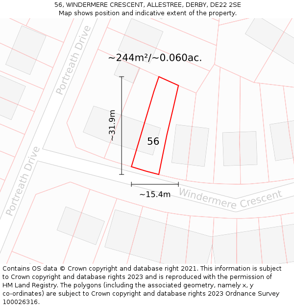 56, WINDERMERE CRESCENT, ALLESTREE, DERBY, DE22 2SE: Plot and title map