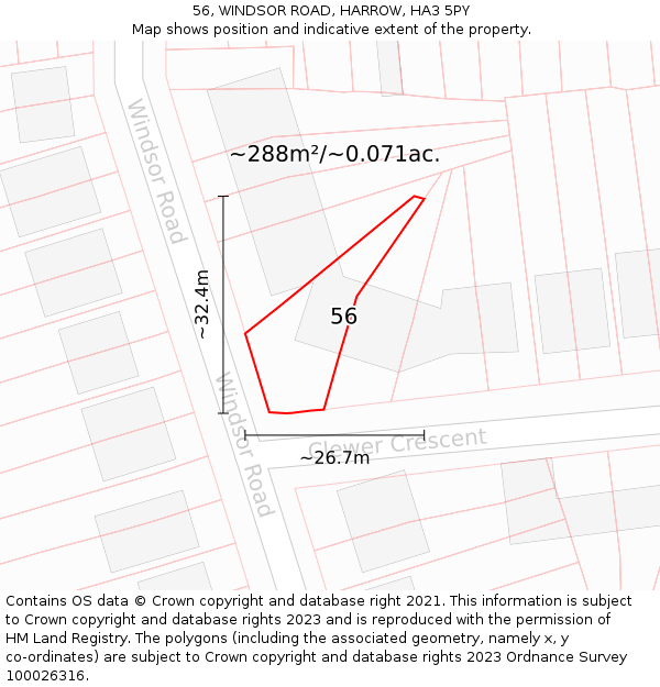 56, WINDSOR ROAD, HARROW, HA3 5PY: Plot and title map