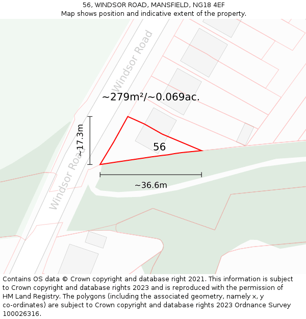 56, WINDSOR ROAD, MANSFIELD, NG18 4EF: Plot and title map