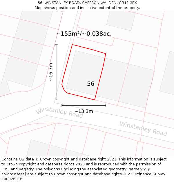 56, WINSTANLEY ROAD, SAFFRON WALDEN, CB11 3EX: Plot and title map