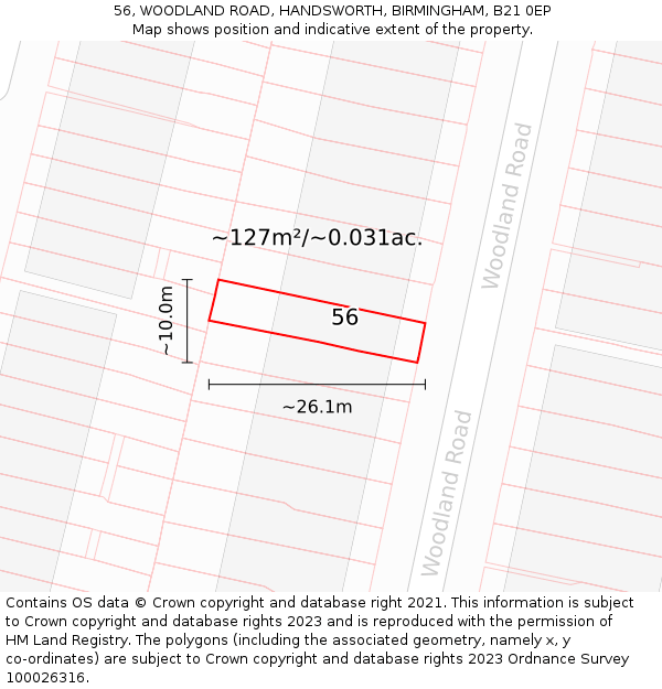 56, WOODLAND ROAD, HANDSWORTH, BIRMINGHAM, B21 0EP: Plot and title map
