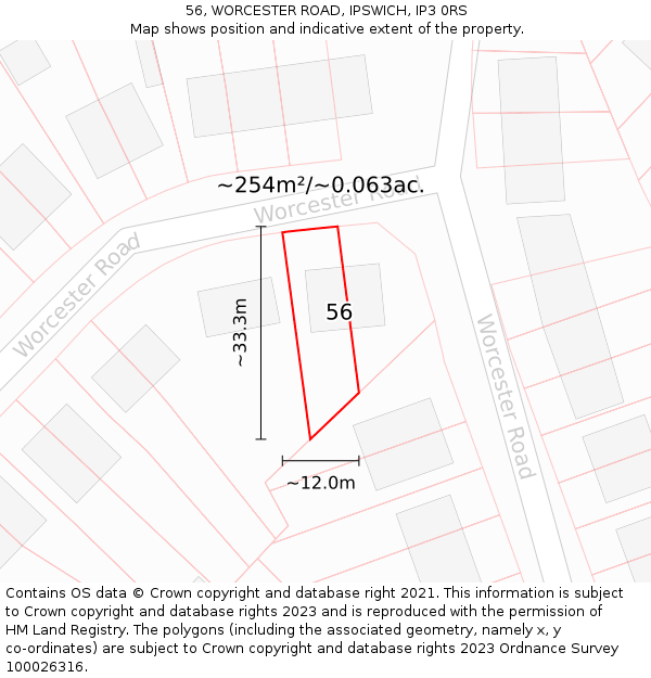 56, WORCESTER ROAD, IPSWICH, IP3 0RS: Plot and title map