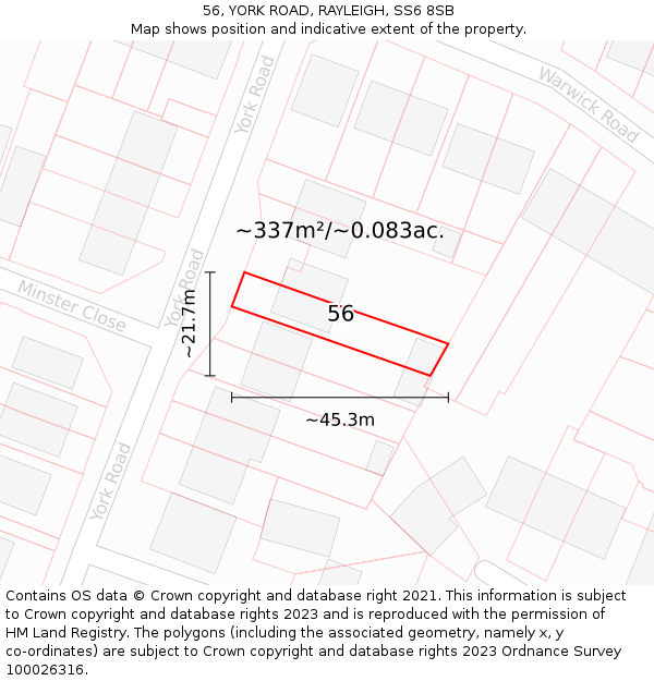 56, YORK ROAD, RAYLEIGH, SS6 8SB: Plot and title map