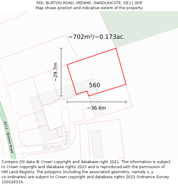 560, BURTON ROAD, MIDWAY, SWADLINCOTE, DE11 0DP: Plot and title map