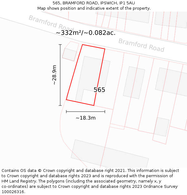 565, BRAMFORD ROAD, IPSWICH, IP1 5AU: Plot and title map