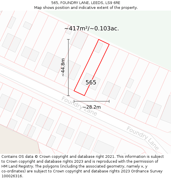 565, FOUNDRY LANE, LEEDS, LS9 6RE: Plot and title map