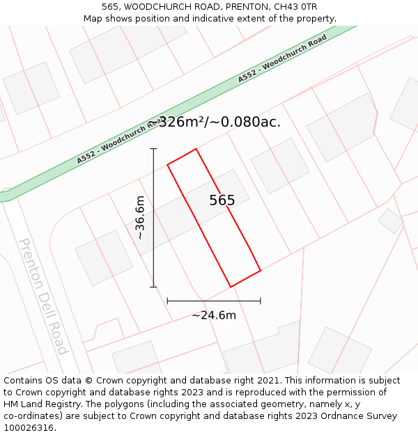 565, WOODCHURCH ROAD, PRENTON, CH43 0TR: Plot and title map