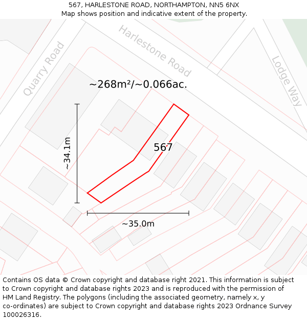 567, HARLESTONE ROAD, NORTHAMPTON, NN5 6NX: Plot and title map