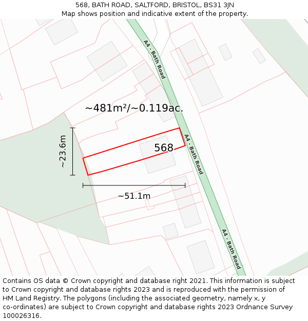 568, BATH ROAD, SALTFORD, BRISTOL, BS31 3JN: Plot and title map