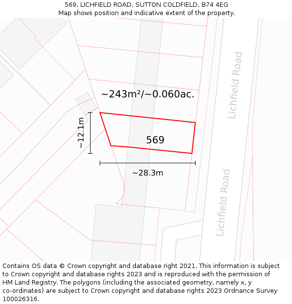 569, LICHFIELD ROAD, SUTTON COLDFIELD, B74 4EG: Plot and title map
