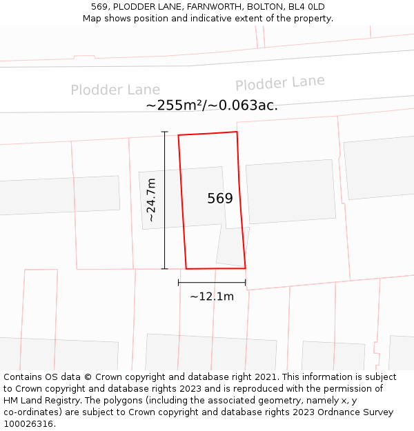 569, PLODDER LANE, FARNWORTH, BOLTON, BL4 0LD: Plot and title map