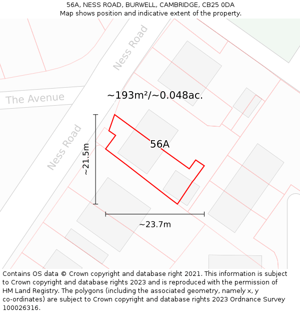 56A, NESS ROAD, BURWELL, CAMBRIDGE, CB25 0DA: Plot and title map
