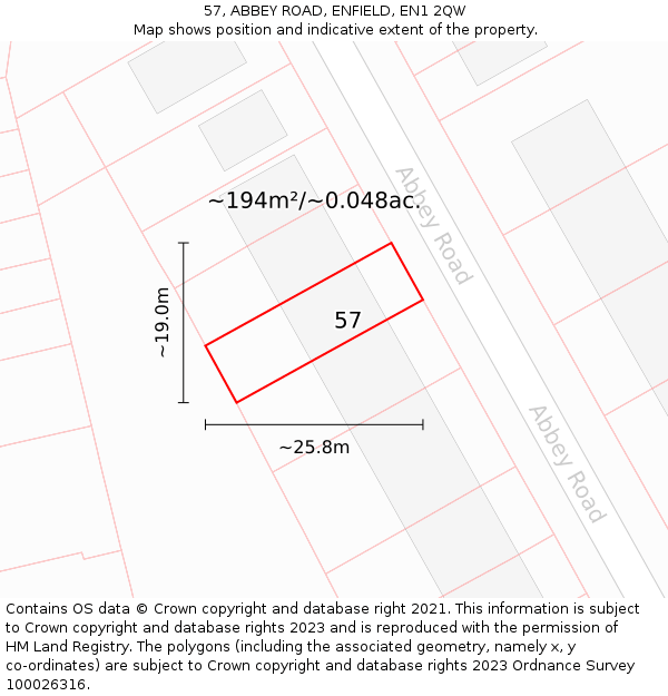 57, ABBEY ROAD, ENFIELD, EN1 2QW: Plot and title map