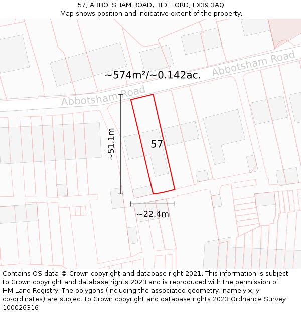57, ABBOTSHAM ROAD, BIDEFORD, EX39 3AQ: Plot and title map