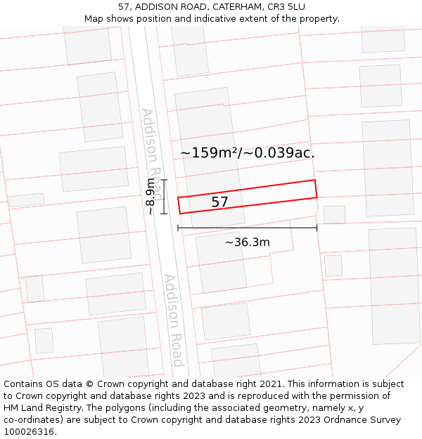 57, ADDISON ROAD, CATERHAM, CR3 5LU: Plot and title map
