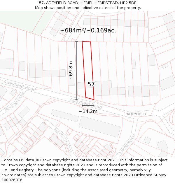57, ADEYFIELD ROAD, HEMEL HEMPSTEAD, HP2 5DP: Plot and title map